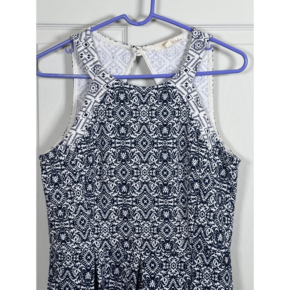 Rewind Sz L Sleeveless Navy & White Geometric Printed Pleated Dress